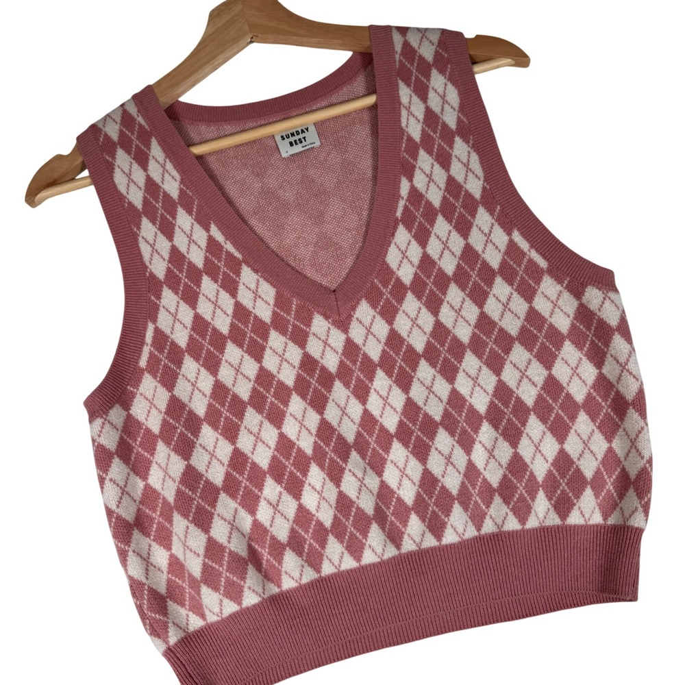 Aritzia Sunday Best Pink Argyle Wool‎ Cotton Sweater Vest V-Neck S 81087